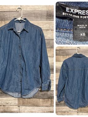 Express Boyfriend Portofino Denim Shirt Women’s XS Blue Button Up 100% Cotton